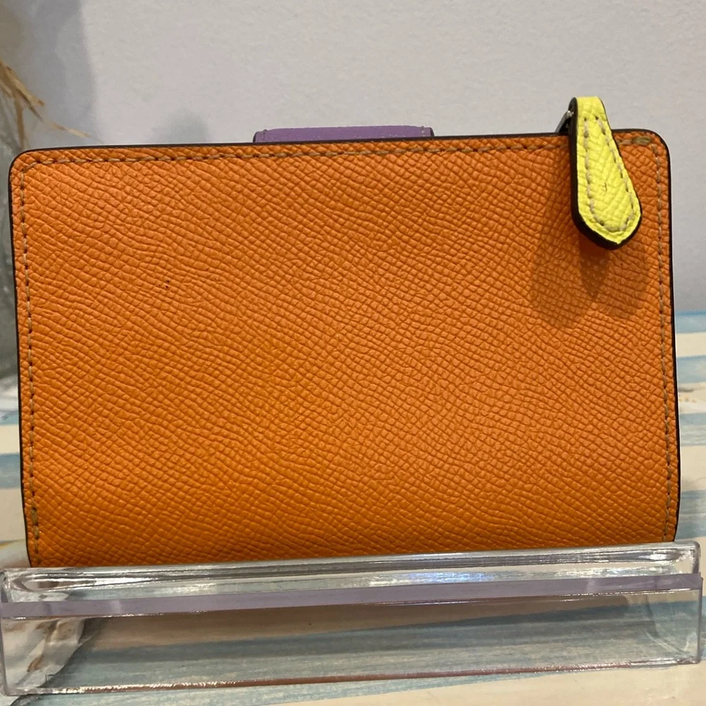 Coach Medium Corner Zip Wallet Colorblock Orange, Yellow and Purple Wallet - Picture 2 of 6